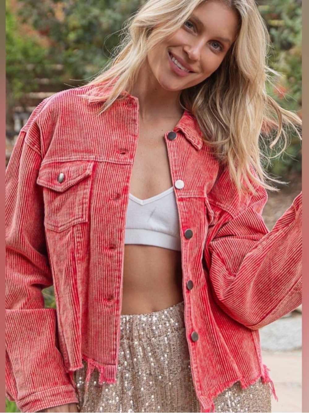 POL Corduroy Button-Front Jacket in Coral Red